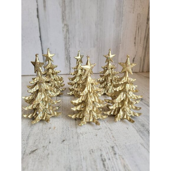 Gold pine tree figure glitter Xmas‎ village forest set unique home decor - Picture 5 of 7